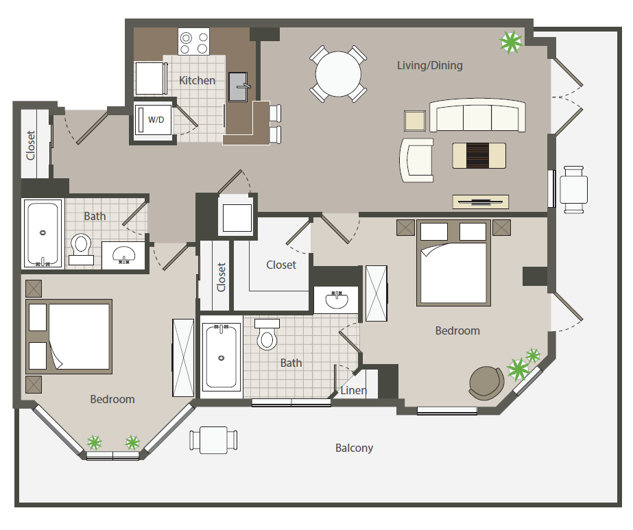 Floor plan for 2 beds, 2 baths, 966 sqft